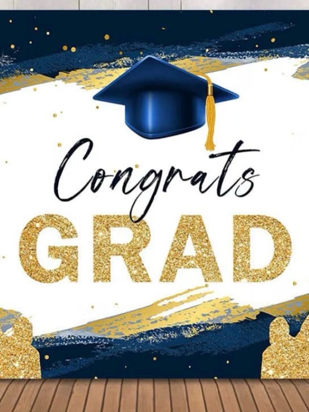 NWT- “Congrats Grad” 7’x 5’ Photo Backdrop / Banner. Blue & Gold Glitter